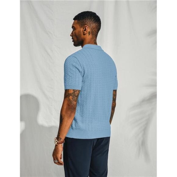 Mens Knit Polo Shirt Short Sleeve Hollow Out Knit Shirt Texture - Picture 2 of 5